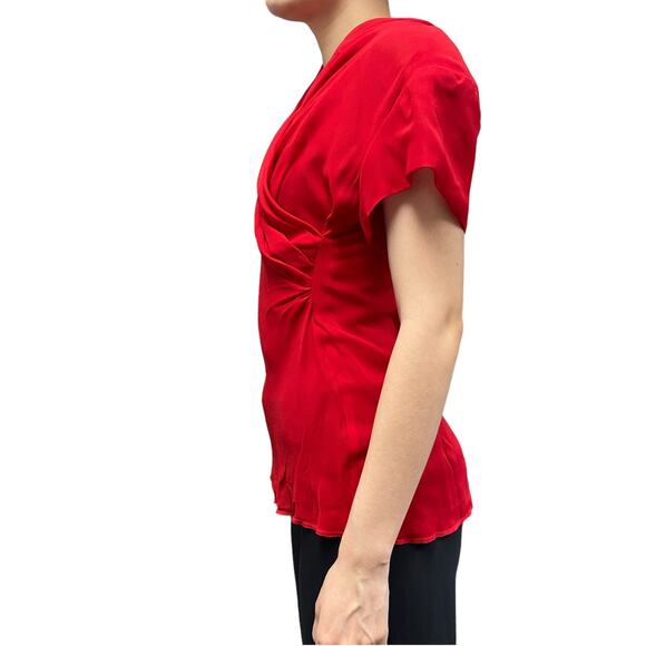 Vintage Red Faux Wrap Draped V Neck Button Back Blouse - Picture 3 of 5